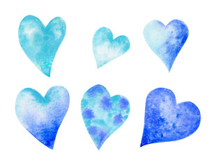 A set of watercolor hearts in blue and light blue. The heart-shaped sea. Watercolor illustration.