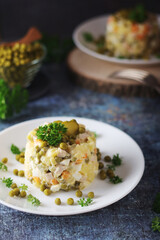 Olivier salad, traditional Russian dish, served on the plate	