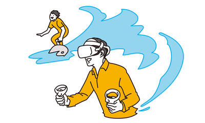 VRヘッドセットを付けて遊ぶ男性