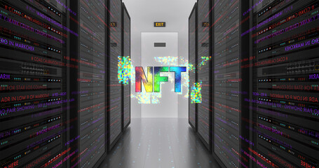 NFT Symbol In A Modern High Tech Datacenter Room. Non Fungible Token Symbol In Datacenter. NFT Technology Art Related Illustration 3D Render.