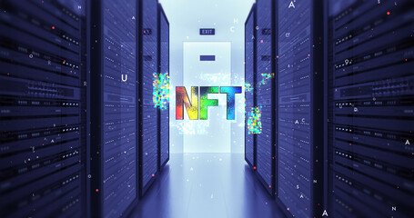 NFT Crypto Art Sign In Datacenter. Collectible Art. NFT Technology Art Related Illustration 3D Render.