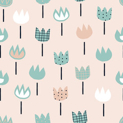 Seamless pattern with decorative tulips in a modern style. Abstract Scandinavian flowers