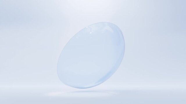 Contact lens for optical vision correction, isolated on blue background. Medical ophthalmology equipment for eye care, personal accessory, mockup for package design. Realistic 3d render animation