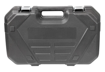 Suitcase with tools on a white background. Black plastic suitcase.