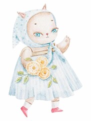 childish character, cute kitten in blue dress, watercolor illustration, print, easter design