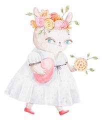 childish character, cute bunny in white dress, watercolor illustration, print, easter design