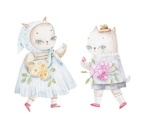set of Easter animals, a cat with a scarf and bouquets and a cat with a red egg, children's design, print