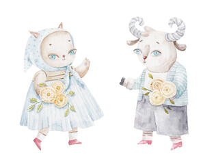 set of Easter animals, cats and rams with bouquets, children's design, print