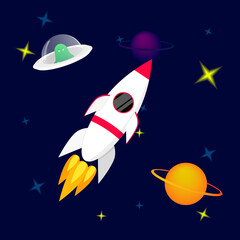 Rocket in space. Planets, stars, UFO with alien