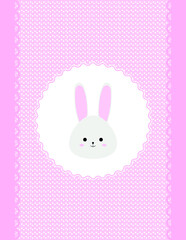 white rabbit on a pink card. rabbit head inside a white lace frame. congratulations on the newborn. card for valentine's day. vector illustration, eps 10.