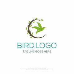 Bird logo with a circular tree branch and small leaves