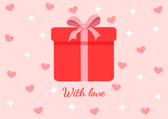 Red surprise gift box with bow. Present vector illustration for postcard, textile, decor, poster, banner. Greeting card for Valentine's Day and other holidays. The text can be replaced.