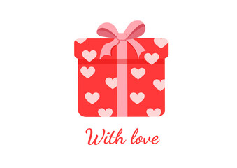 Red gift box surprise with hearts. Present vector illustration for postcard, textile, decor, poster, banner. Greeting card for Valentine's Day and other holidays. The text can be replaced.
