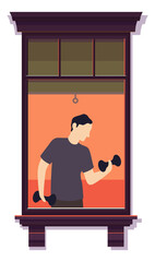 Neighbor exersizing at morning. Building window view