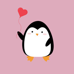 Cartoon penguin with heart balloon. Cute character