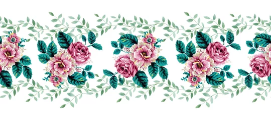 Fototapete Blumen Bouquet rose, peonies, anemone and green leaves foliage graphic Seamless repeat pattern