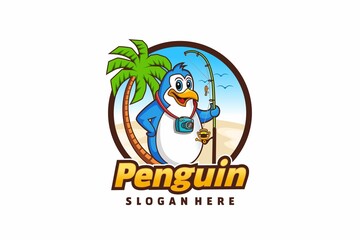 Cartoon penguin logo with a beach fishing theme