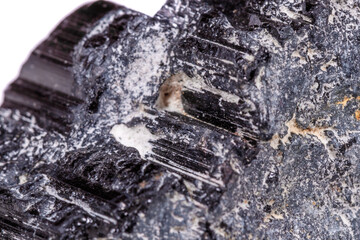 macro mineral stone sherle, schorl, black tourmaline on white background