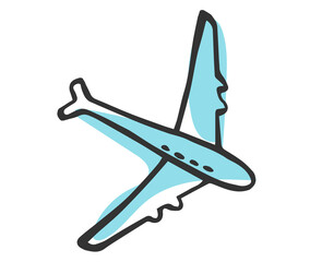 Doodle illustration. stylized airplane with black outline isolated on white background