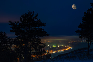 winter moonscape of night city lights from a high mountain with coniferous trees with a view of...
