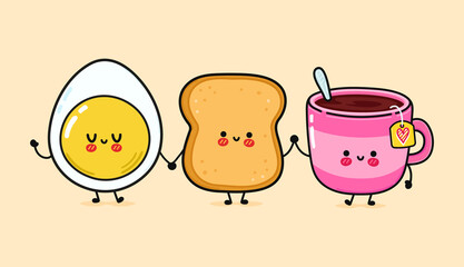 Cute, funny happy toast, eggs and cup of tea. Vector hand drawn cartoon kawaii characters, illustration icon. Funny cartoon toast, eggs and cup of tea mascot character concept