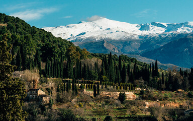 View of Sierra Nevada Mountains from Granada in Andalusia, Spain