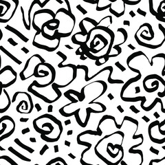 Black and white hand drawn stylized flowers with scribble. Trendy seamless background. Vector image.