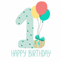 One year. Baby birthday card in cartoon style. Printable number 1 birthday postcard template. Balloons, gift box and number one