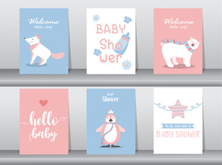 Fototapeta na wymiar Set of baby shower invitations cards,poster,greeting,template,animal,cute,Vector illustrations