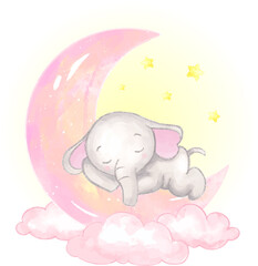 Cute baby elephant sleep on the crescent moon. Baby girl birthday greeting card