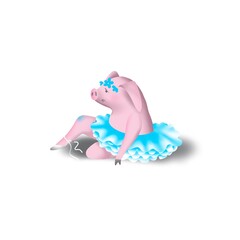 funny ballerina pig character, fell while dancing, she is upset