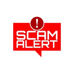 Speech Bubble Banner with red scam alert icon isolated on white background
