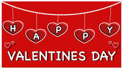 Happy Valentine’s Day message on a red background with the word happy written inside hearts that are hanging from a rope. 