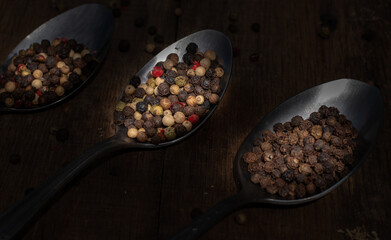 Various colored pepercorns on a dark background