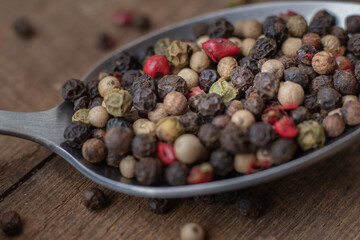 Various colored pepercorns on a dark background