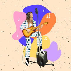 Contemporary art collage. Magazine style. Young woman, fashionable musician playing guitar isolated over bright abstract background