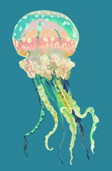 Jellyfish spotted with orange, poisonous, danger, art.illustration, vector