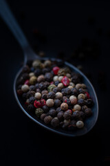 Various colored pepercorns on a dark background