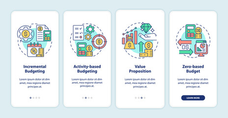 Budgeting types onboarding mobile app screen. Planning approaches walkthrough 4 steps graphic instructions pages with linear concepts. UI, UX, GUI template. Myriad Pro-Bold, Regular fonts used