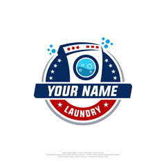 Laundry badge logo in red blue and laundry machine