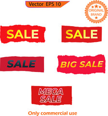 Sell red Grunge icon Paint Banners set. Vector red torn paper banner with ripped edges. Sale lettering inscription, phrase. Sticker set, price labels sale banners bent edge