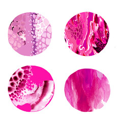 4 circles with watercolor pink texture isolated on white background abstract set.