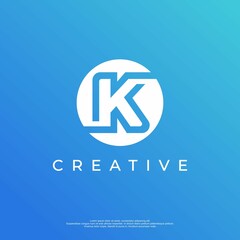 Letter K logo design template with white color and blue background