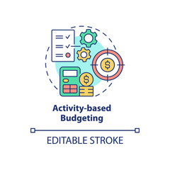 Activity-based budgeting concept icon. Company financial targets abstract idea thin line illustration. Isolated outline drawing. Editable stroke. Roboto-Medium, Myriad Pro-Bold fonts used