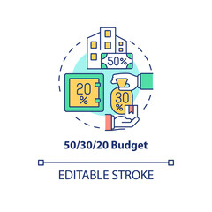 Fifty thirty twenty rule budget concept icon. Percentage. Financial planning abstract idea thin line illustration. Isolated outline drawing. Editable stroke. Roboto-Medium, Myriad Pro-Bold fonts used