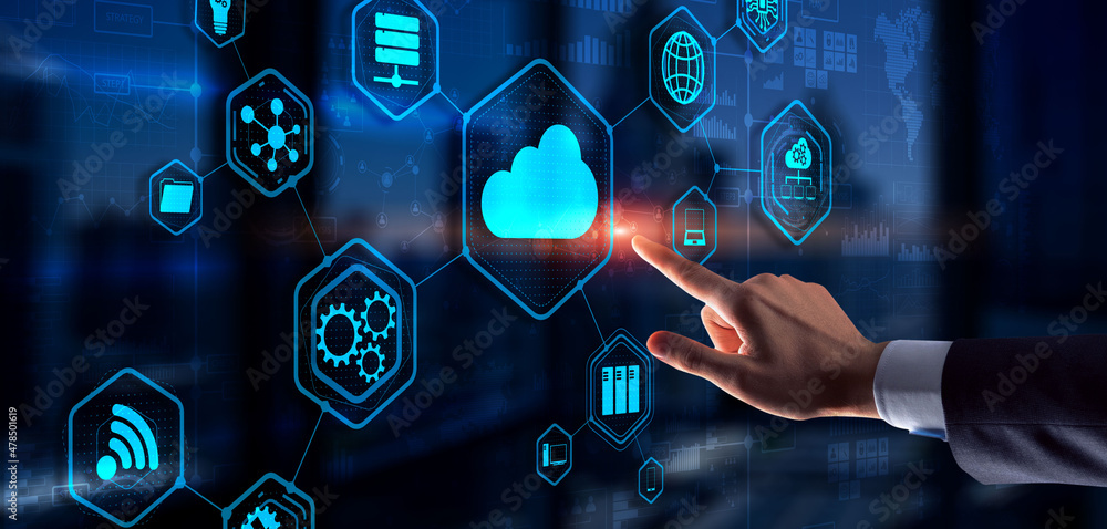 Poster futuristic display. cloud computing touchscreen interface business man finger touch cloud