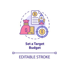 Set target budget concept icon. Expenditure and income. Startup budgeting abstract idea thin line illustration. Isolated outline drawing. Editable stroke. Roboto-Medium, Myriad Pro-Bold fonts used
