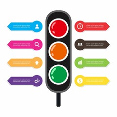 Infographic Cartoon traffic light with business icon with symbol in yellow, red, and green color. stop, warning, and go sign, perfect for Illustration Vector Graphic presentation, campaign, and poster