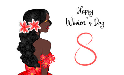 Beautiful African American girl with beautiful hair and bright flowers Postcard For Women's Day on March 8 in social networks wedding decoration of gift wrapping Modern woman March 8 holiday card