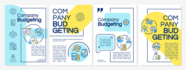 Company budgeting blue and yellow brochure template. Financial project. Booklet print design with linear icons. Vector layouts for presentation, annual reports, ads. Questrial, Lato-Regular fonts used